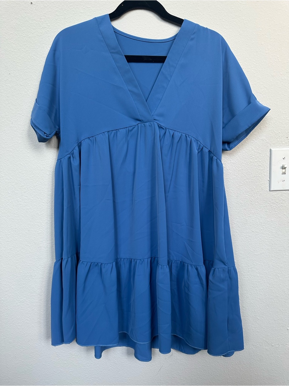Blue V-Neck Tiered Short Sleeve Dress